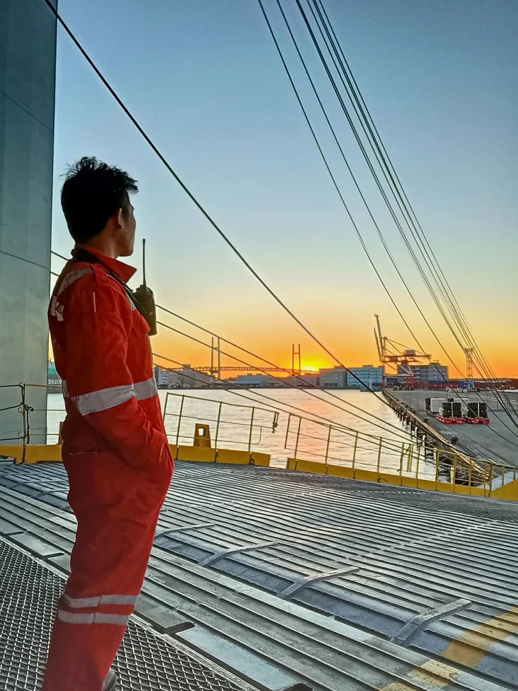 PJ Fabia at a port at sunset