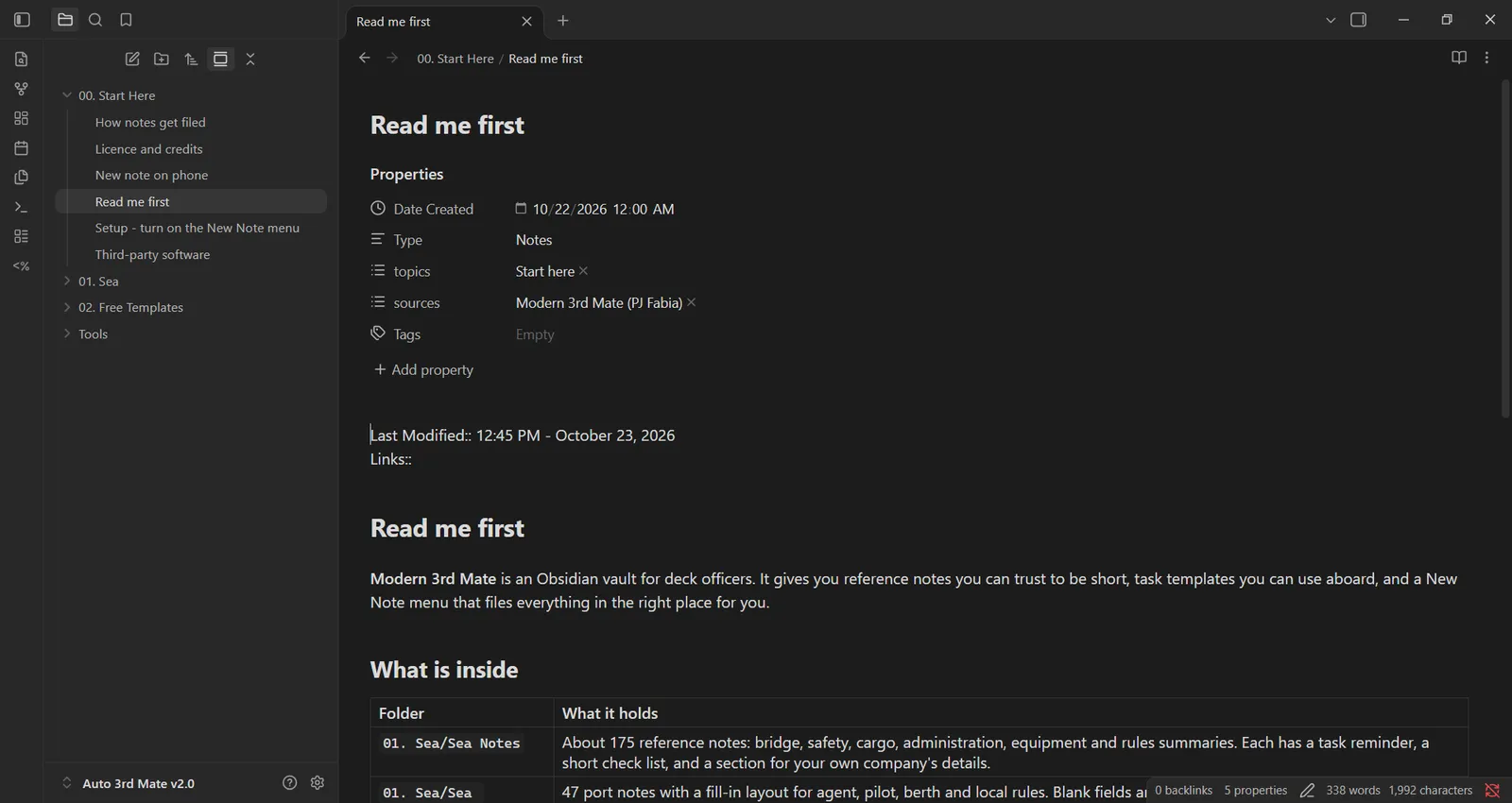 Read me first note in Obsidian on a laptop