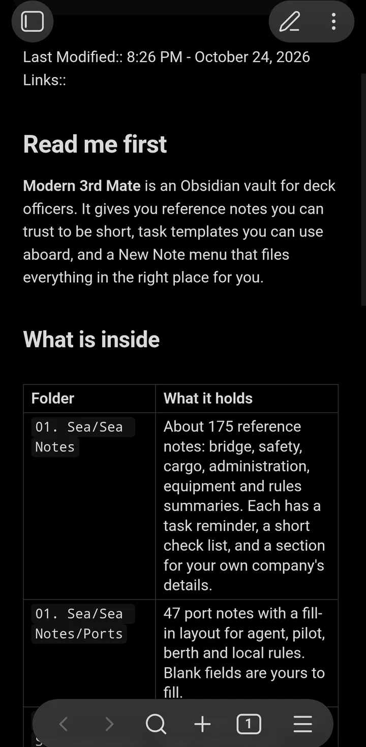 Read me first note in Obsidian on a phone